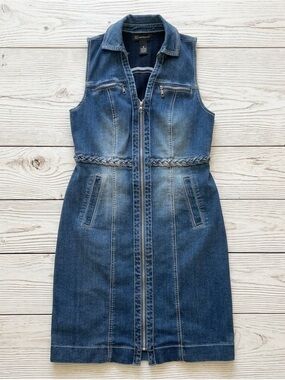 INC Denim Mini Dress Sleeveless Full Zip Braided Indigo Blue Petite 2P EUC